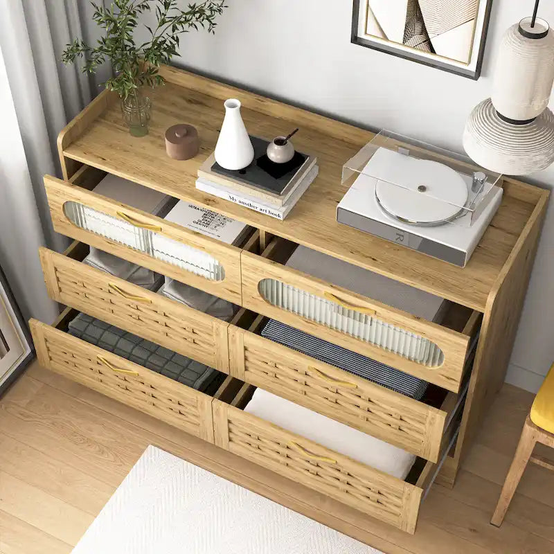 Natural Wood Dresser with Drawers, Gold Handles, Single
