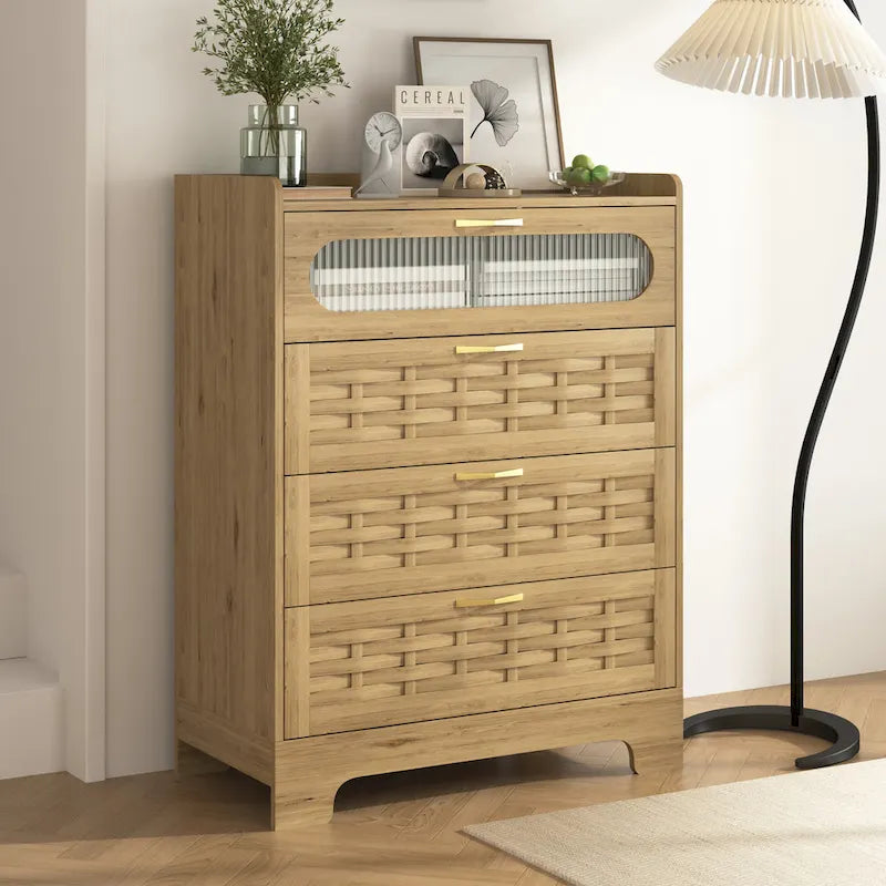 Natural Wood Dresser with Drawers, Gold Handles, Single
