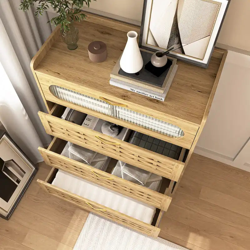 Natural Wood Dresser with Drawers, Gold Handles, Single