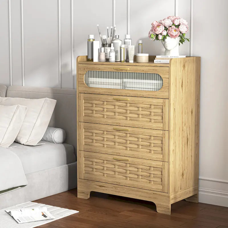 Natural Wood Dresser with Drawers, Gold Handles, Single