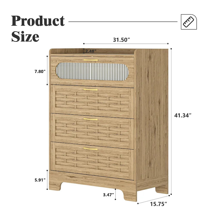 Natural Wood Dresser with Drawers, Gold Handles, Single