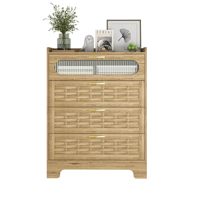 Natural Wood Dresser with Drawers, Gold Handles, Single