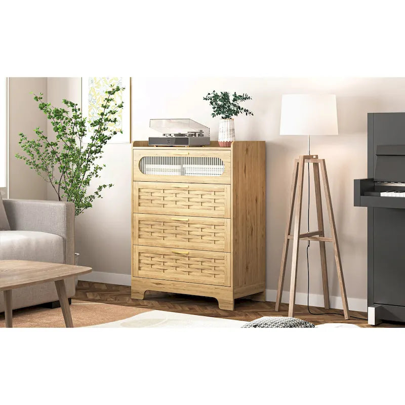 Natural Wood Dresser with Drawers, Gold Handles, Single