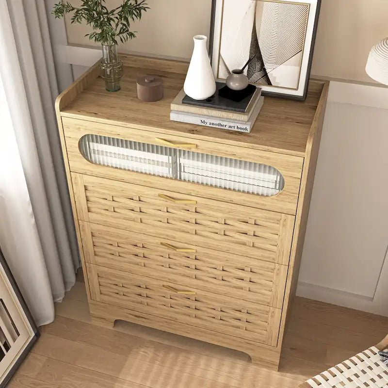 Natural Wood Dresser with Drawers, Gold Handles, Single