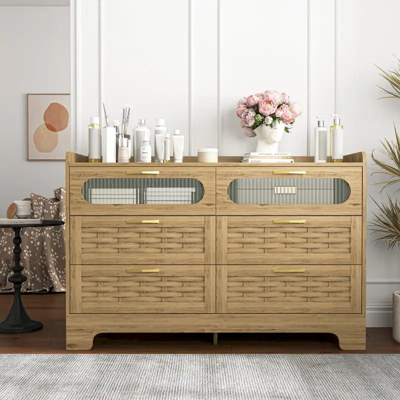 Natural Wood Dresser with Drawers, Gold Handles, Single