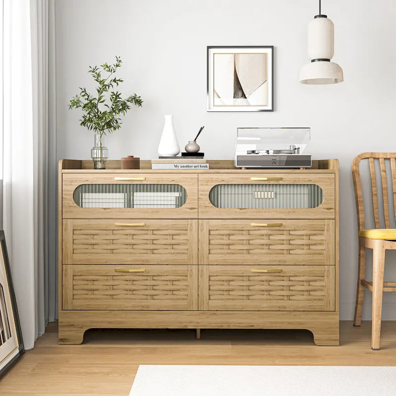 Natural Wood Dresser with Drawers, Gold Handles, Single