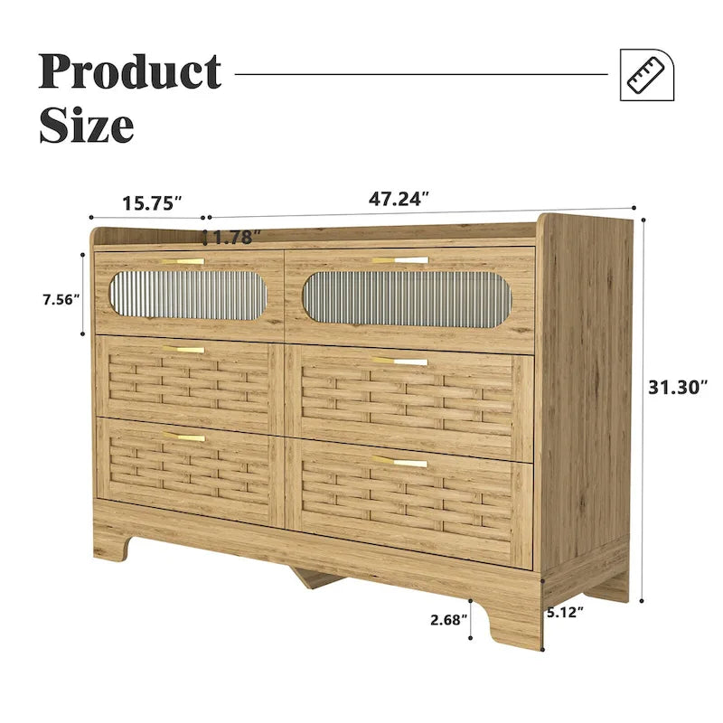 Natural Wood Dresser with Drawers, Gold Handles, Single
