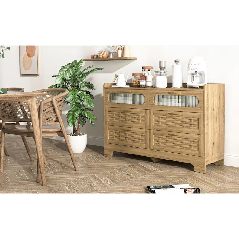 Natural Wood Dresser with Drawers, Gold Handles, Single