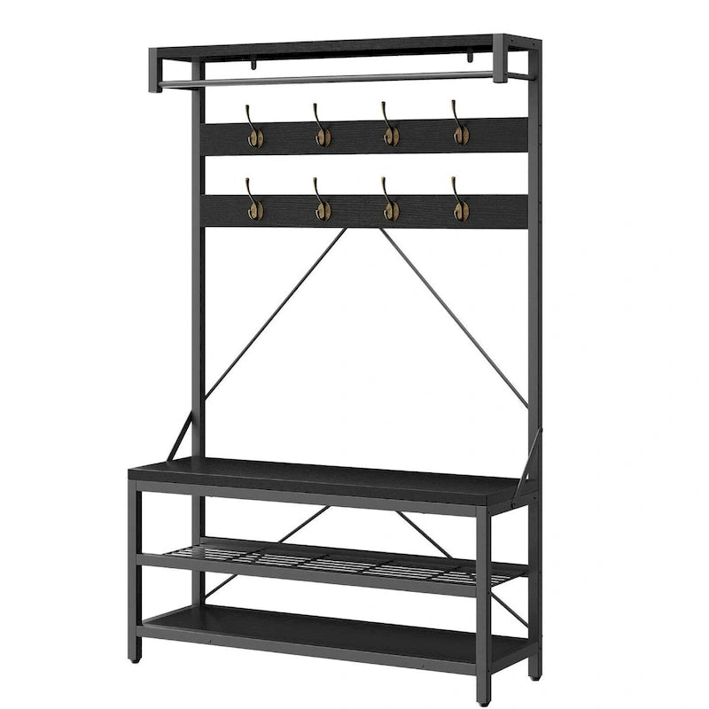 Black / Grey / Brown Industrial Hall Tree – Shoe Bench & Coat Rack, Single-User