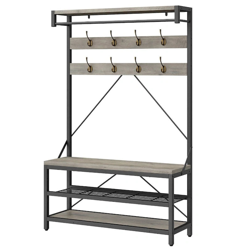 Black / Grey / Brown Industrial Hall Tree – Shoe Bench & Coat Rack, Single-User