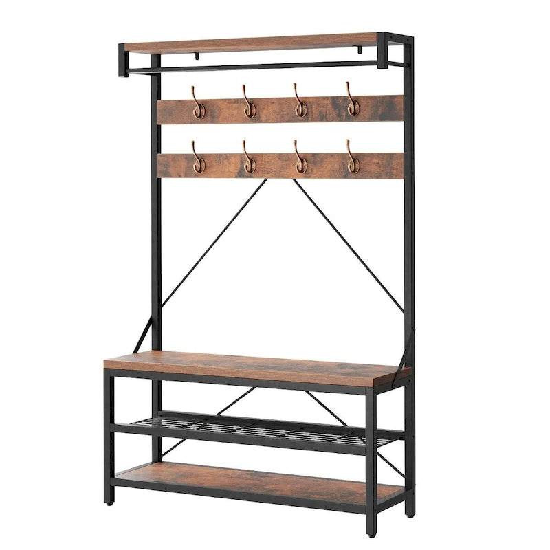 Black / Grey / Brown Industrial Hall Tree – Shoe Bench & Coat Rack, Single-User