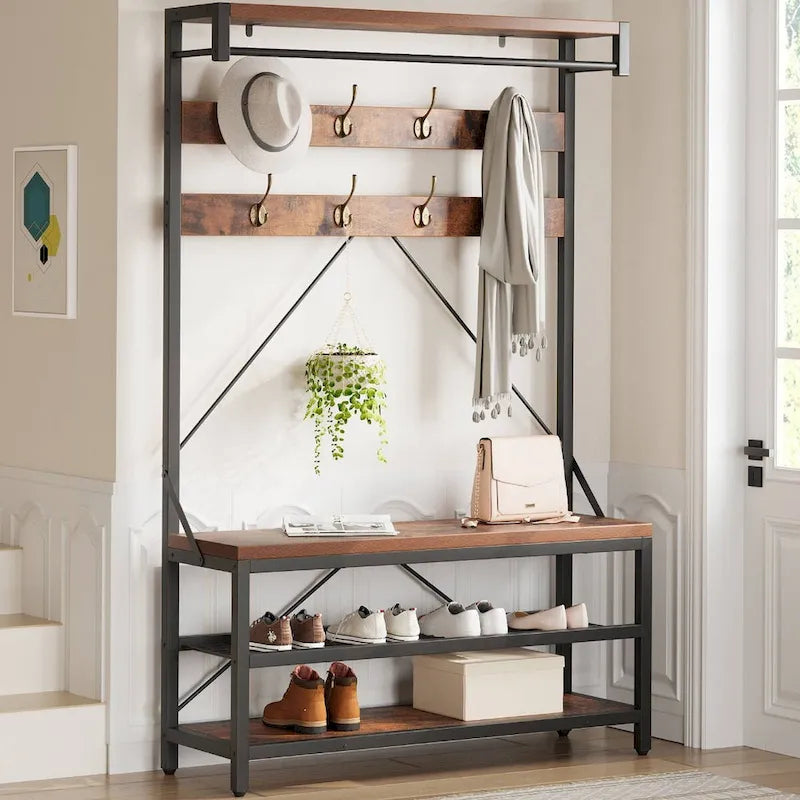 Black / Grey / Brown Industrial Hall Tree – Shoe Bench & Coat Rack, Single-User