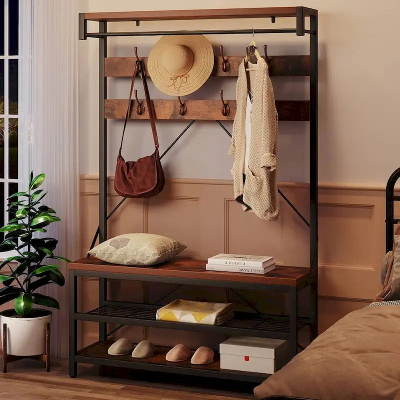 Black / Grey / Brown Industrial Hall Tree – Shoe Bench & Coat Rack, Single-User