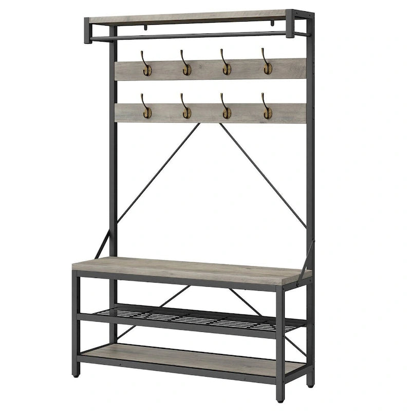 Black / Grey / Brown Industrial Hall Tree – Shoe Bench & Coat Rack, Single-User