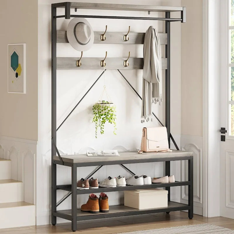 Black / Grey / Brown Industrial Hall Tree – Shoe Bench & Coat Rack, Single-User