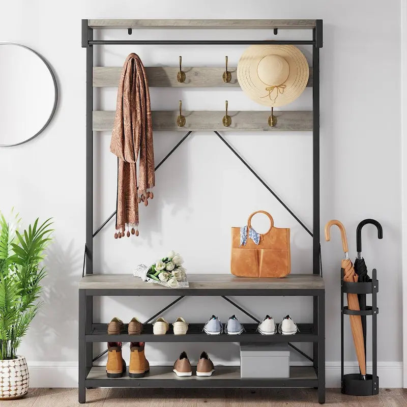 Black / Grey / Brown Industrial Hall Tree – Shoe Bench & Coat Rack, Single-User
