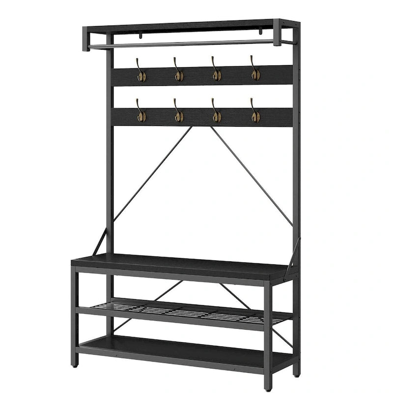 Black / Grey / Brown Industrial Hall Tree – Shoe Bench & Coat Rack, Single-User