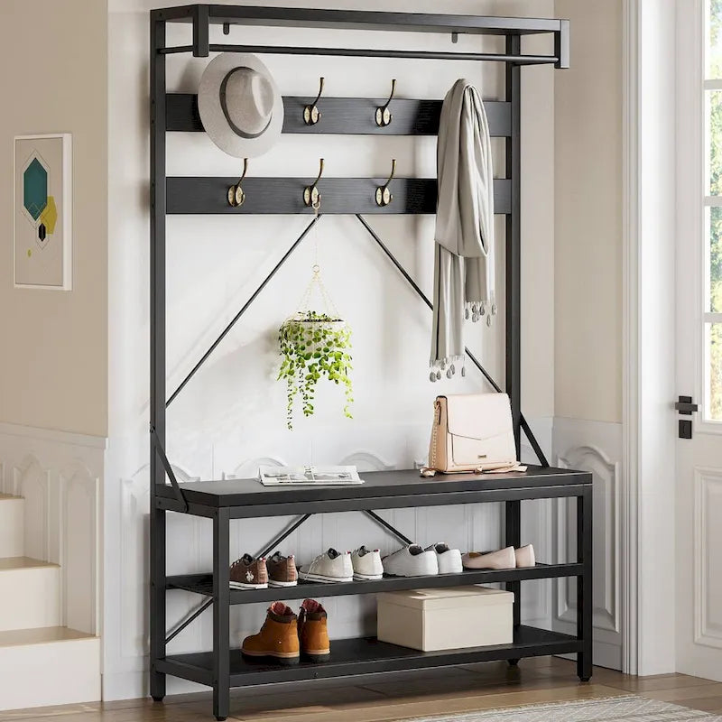 Black / Grey / Brown Industrial Hall Tree – Shoe Bench & Coat Rack, Single-User