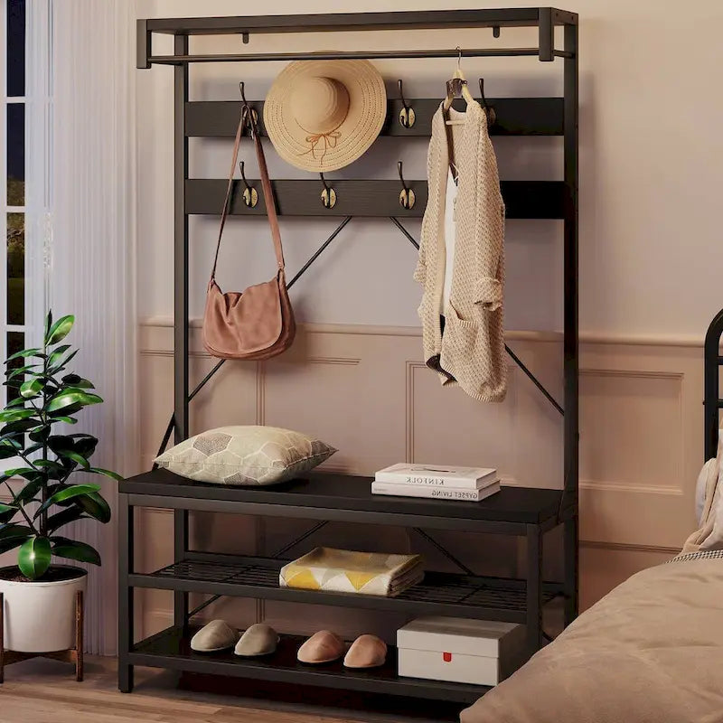 Black / Grey / Brown Industrial Hall Tree – Shoe Bench & Coat Rack, Single-User