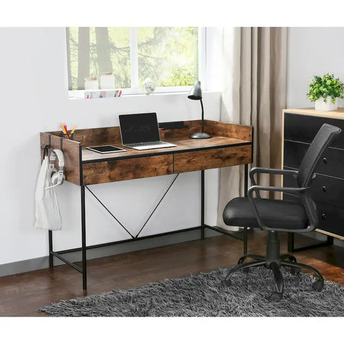 48" Home Office Desk with Drawers & Privacy Panel – Rustic Brown / Walnut & Cement – 1 Person