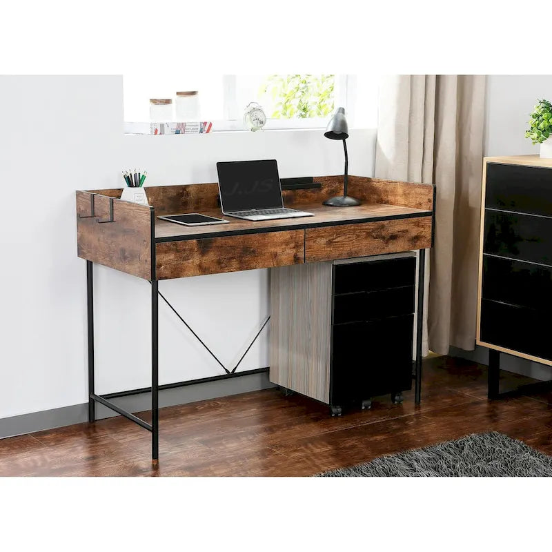 Scrivania per ufficio a casa da 48" con cassetti e pannello privacy – Marrone rustico/Noce e Cemento – 1 Persona