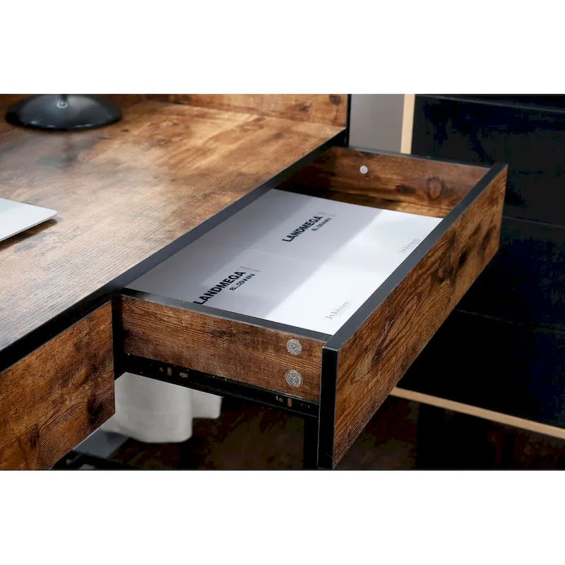 48" Home Office Desk with Drawers & Privacy Panel – Rustic Brown / Walnut & Cement – 1 Person