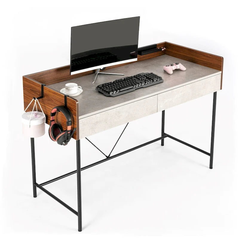 Scrivania per ufficio a casa da 48" con cassetti e pannello privacy – Marrone rustico/Noce e Cemento – 1 Persona