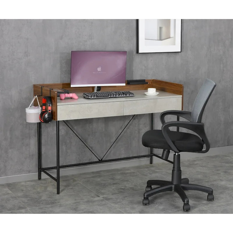 Scrivania per ufficio a casa da 48" con cassetti e pannello privacy – Marrone rustico/Noce e Cemento – 1 Persona