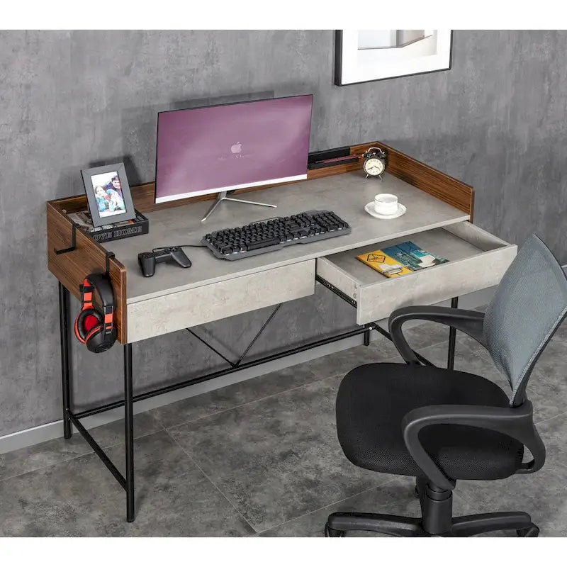 Scrivania per ufficio a casa da 48" con cassetti e pannello privacy – Marrone rustico/Noce e Cemento – 1 Persona