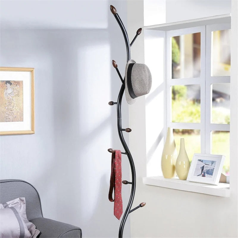 Black Walnut Branch Standing Coat Rack – 9 Hooks, Modern Style