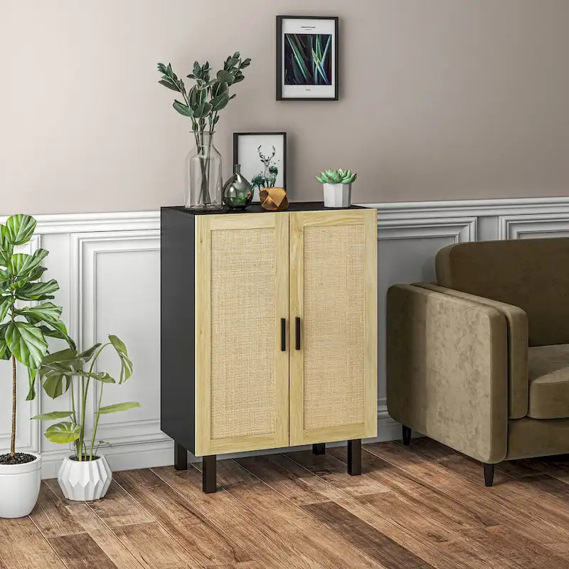 Black / White Rattan Door Sideboard Buffet Cabinet with Adjustable Shelves