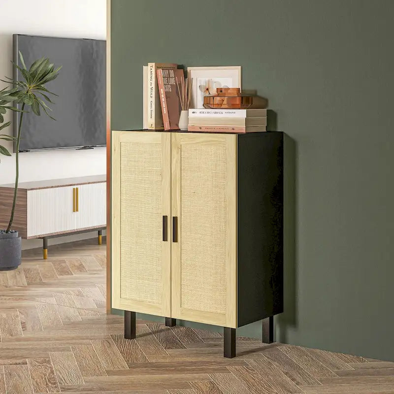Black / White Rattan Door Sideboard Buffet Cabinet with Adjustable Shelves