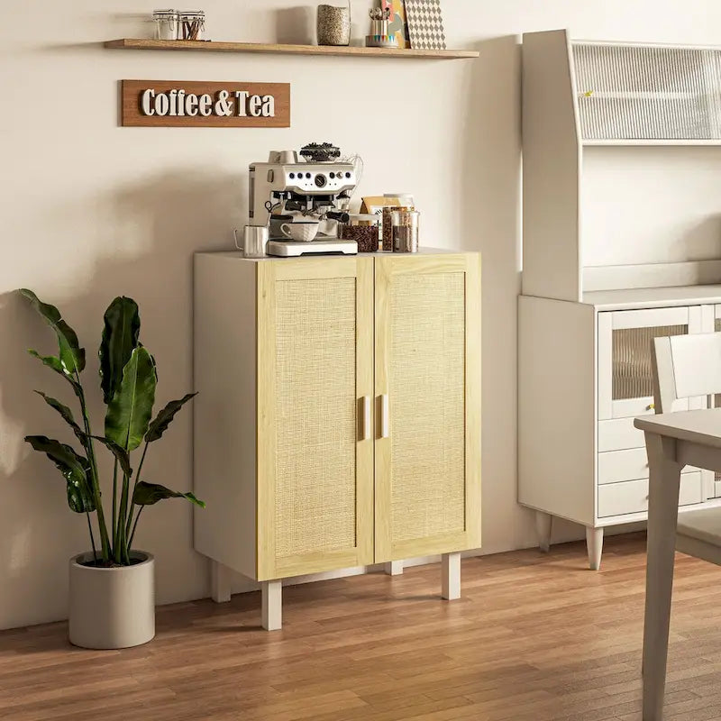Black / White Rattan Door Sideboard Buffet Cabinet with Adjustable Shelves