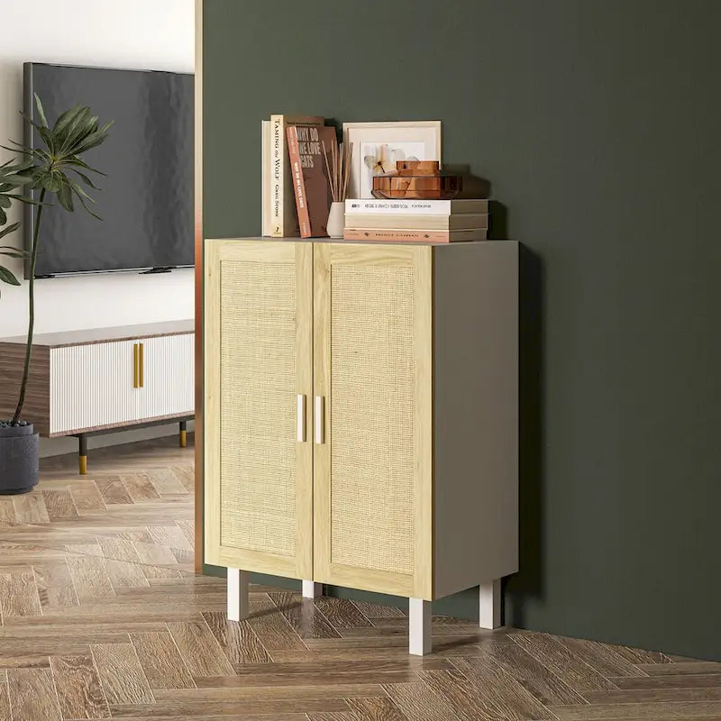 Black / White Rattan Door Sideboard Buffet Cabinet with Adjustable Shelves
