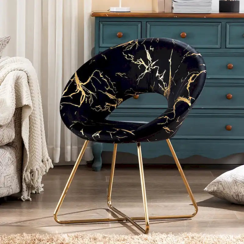 Black / Dark Green / Grey Velvet Accent Chair with Gold Pattern – Single Seat