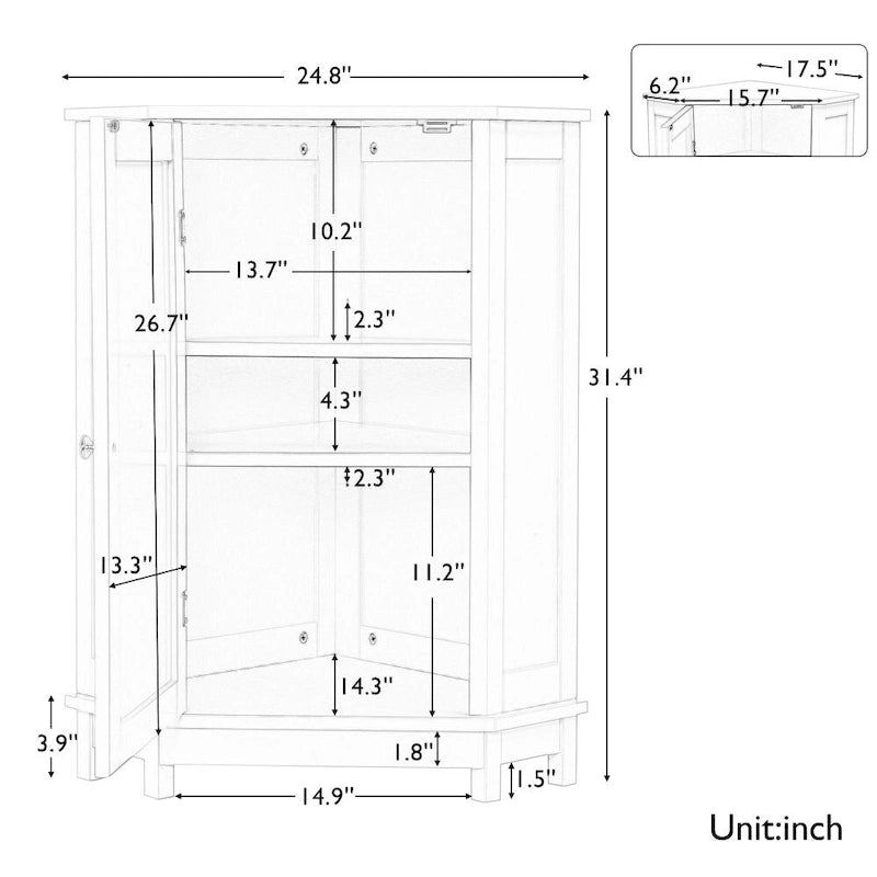 Black Corner Bathroom Cabinet with Doors – Natural Finish, 1 Person