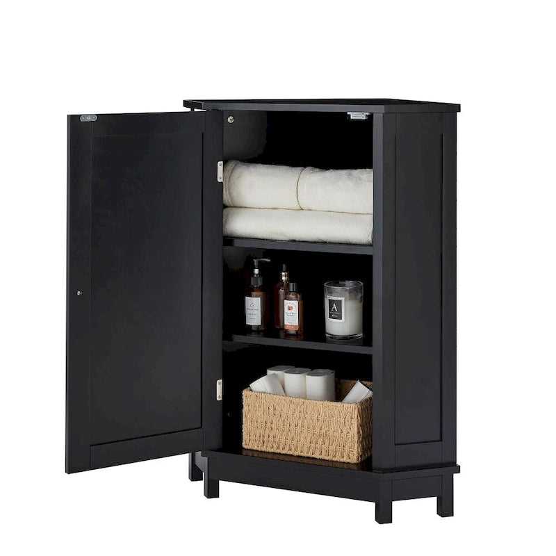 Black Corner Bathroom Cabinet with Doors – Natural Finish, 1 Person