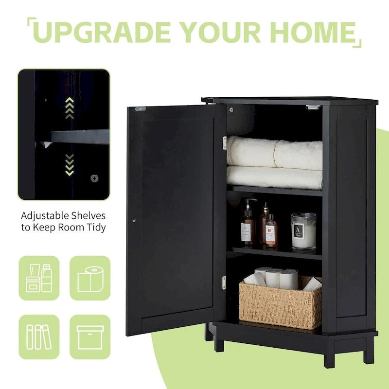 Black Corner Bathroom Cabinet with Doors – Natural Finish, 1 Person