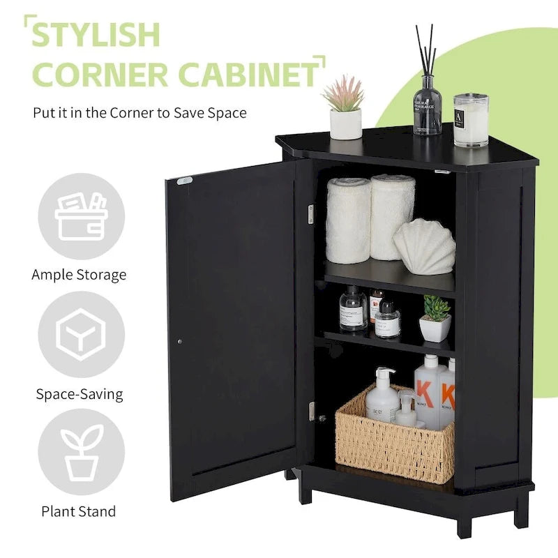 Black Corner Bathroom Cabinet with Doors – Natural Finish, 1 Person
