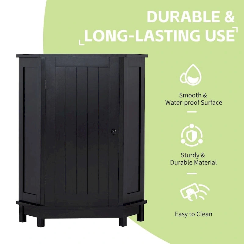 Black Corner Bathroom Cabinet with Doors – Natural Finish, 1 Person
