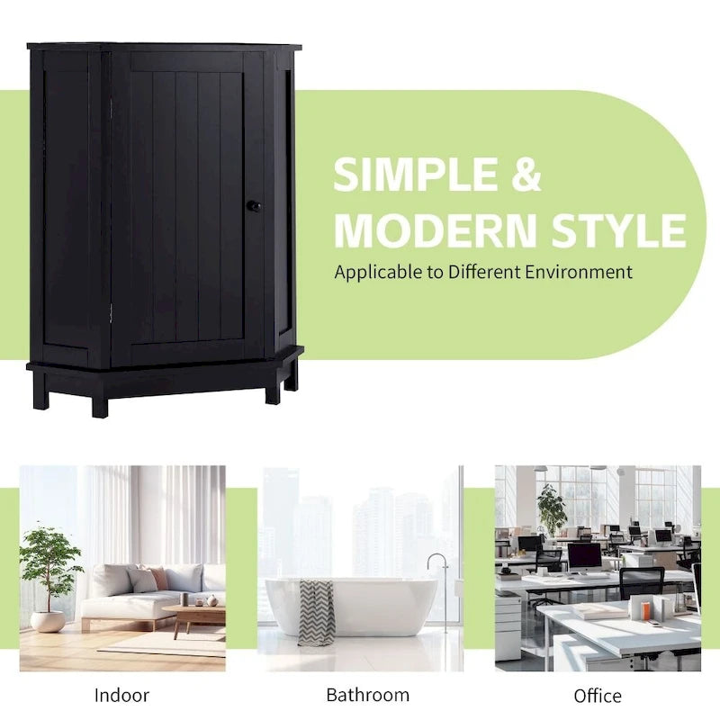 Black Corner Bathroom Cabinet with Doors – Natural Finish, 1 Person